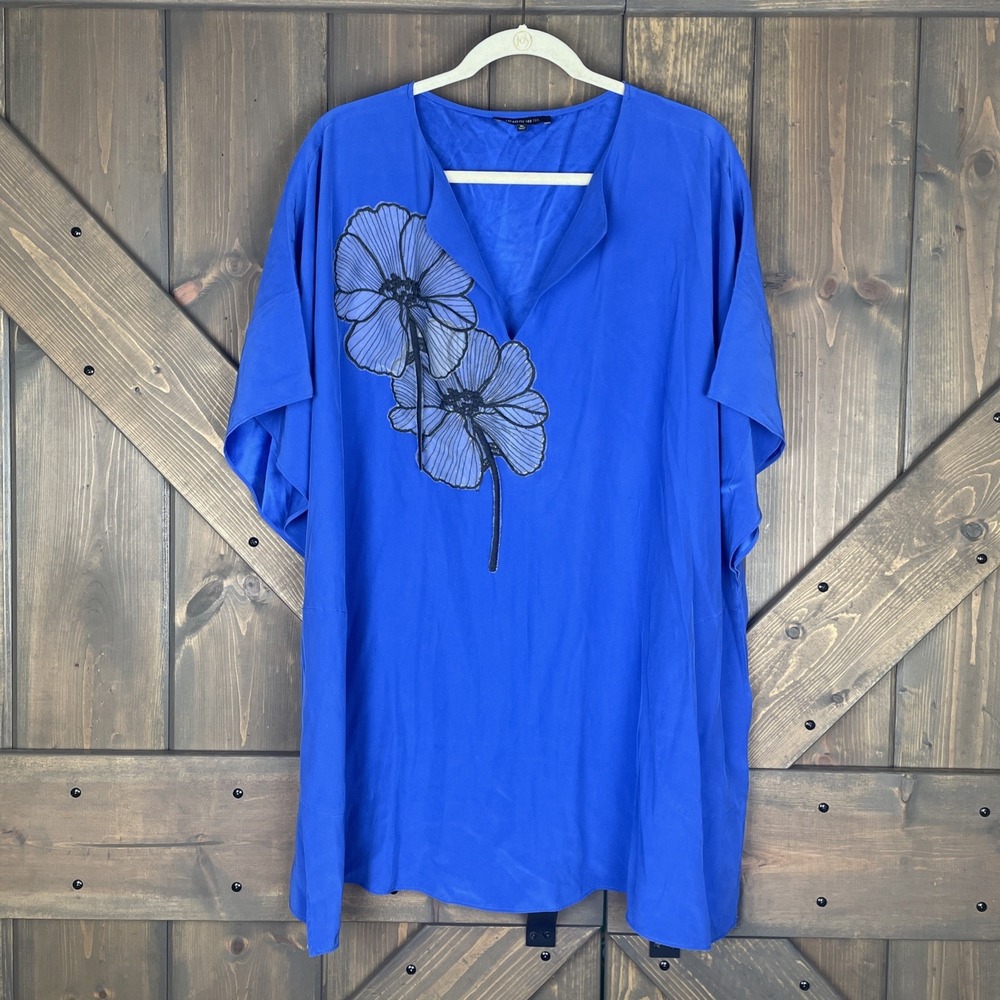 Lafayette 148 Royal Blue 100% Silk Blouse Tunic Top Floral Appliqué Oversized XL
